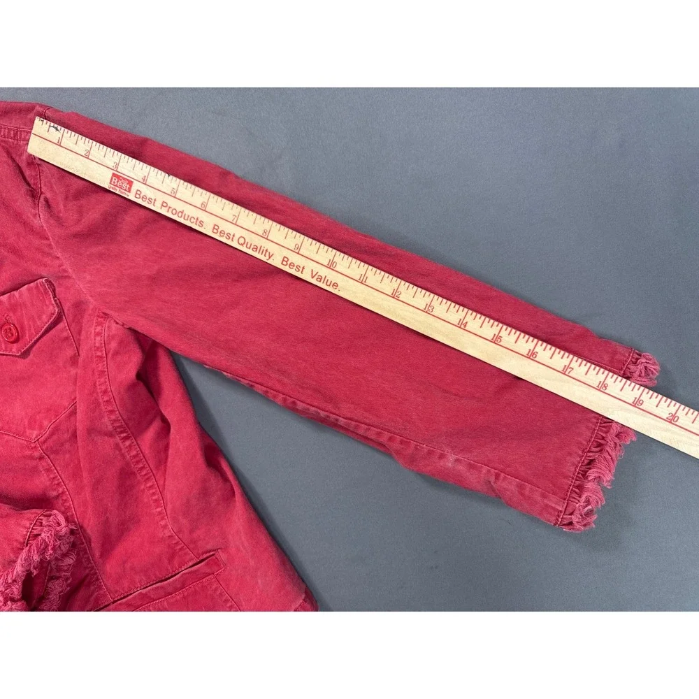 Michael Michael Kors Red Frayed Trim Denim Jacket XS Womens Collarless Utility